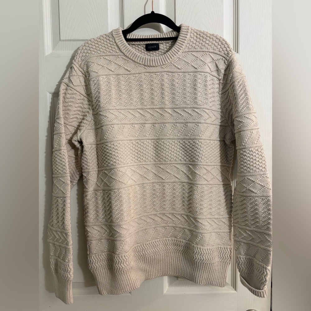 J. Crew Men's Cream Cable & Textured Crewneck Fisherman Guernsey Stitch Sweater